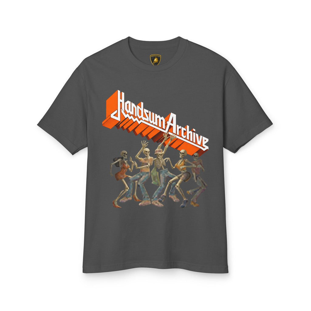 Faded black graphic tee with front orange logo and character illustration