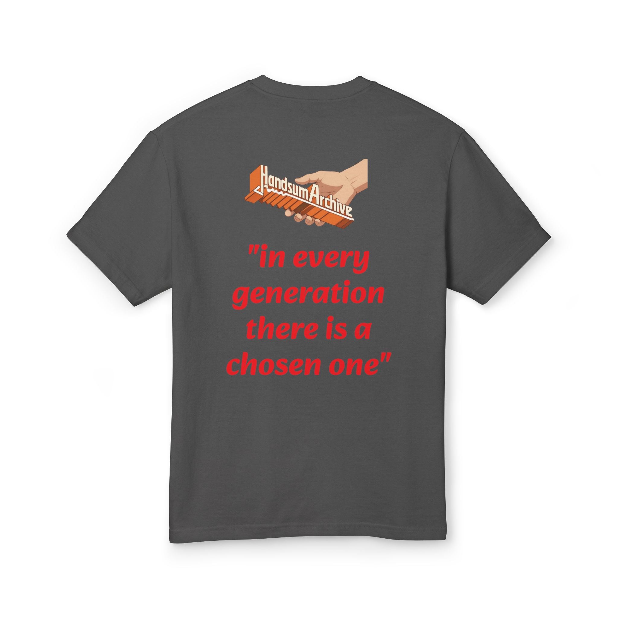Dark crewneck Slayer Generational tee back print with slogan text