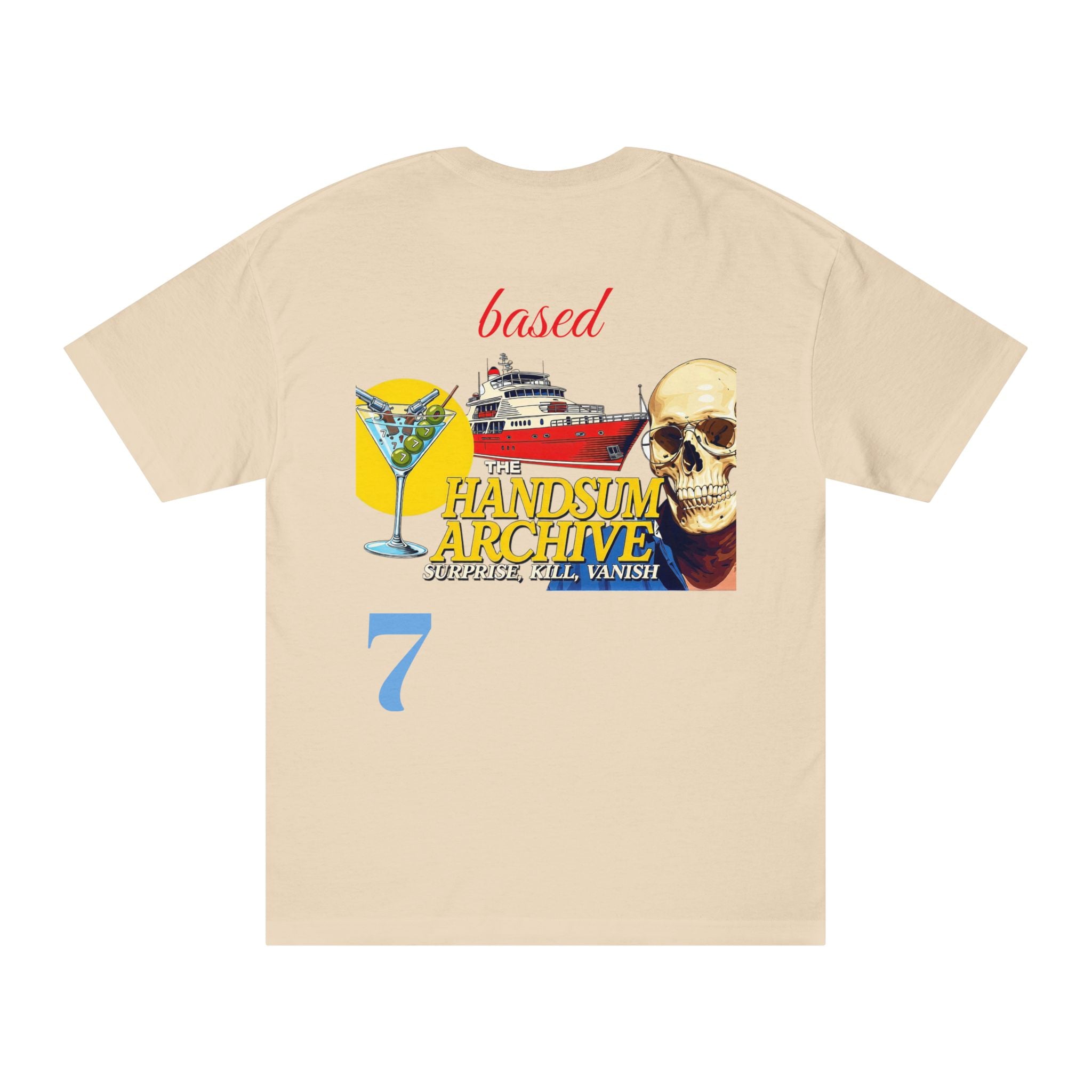 Sand crew-neck graphic tee, back print with skull and yacht cocktail collage '7'.