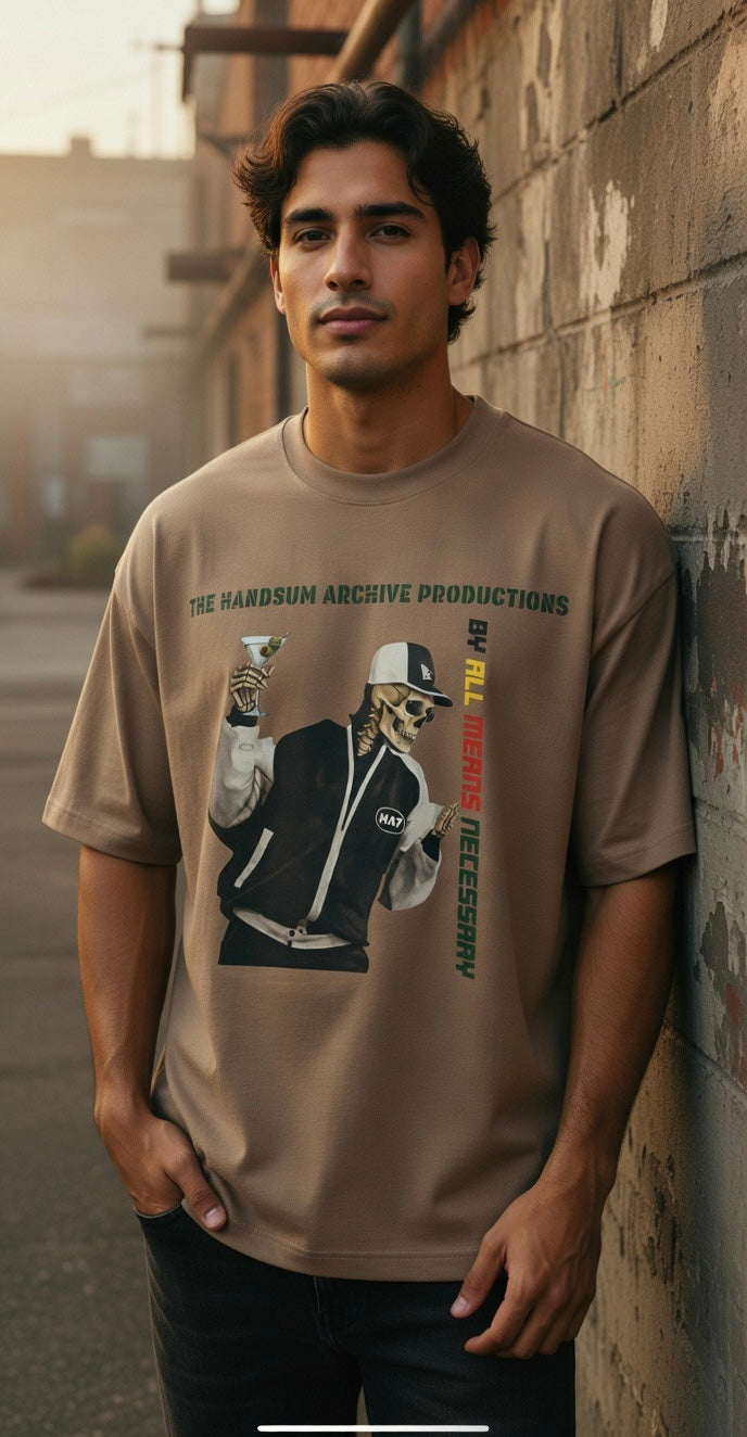 Taupe graphic T-shirt with illustrated character and vertical wordmark print