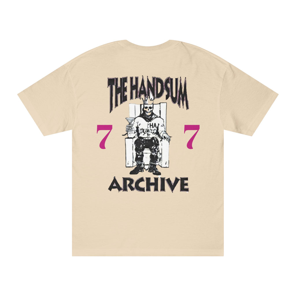 Sand crewneck tee with large back graphic reading "The Handsum Archive"