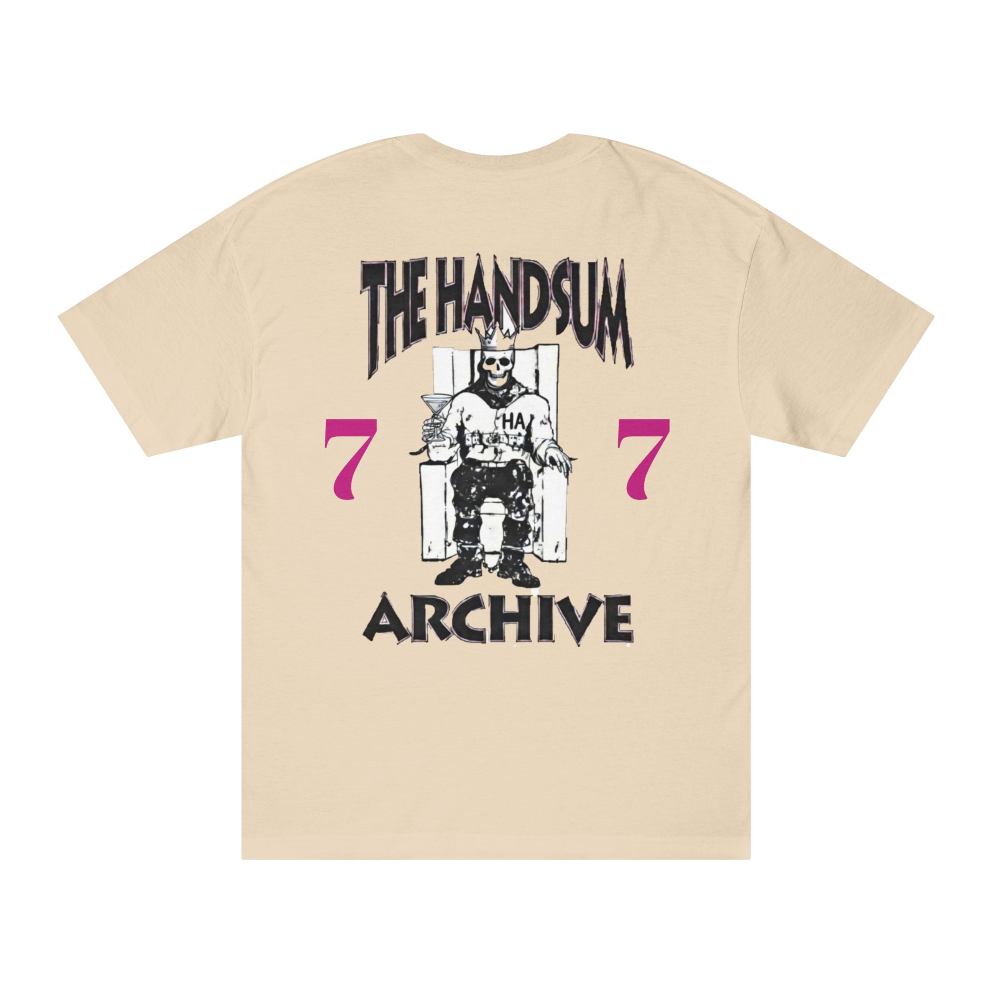 Sand crewneck tee with large back graphic reading "The Handsum Archive"