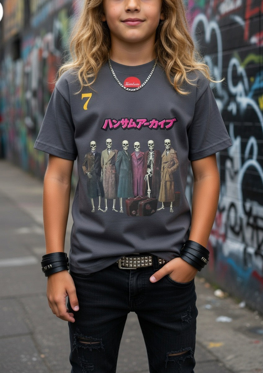 Faded black gang tee with yellow "7" and colorful skeleton character graphic on front