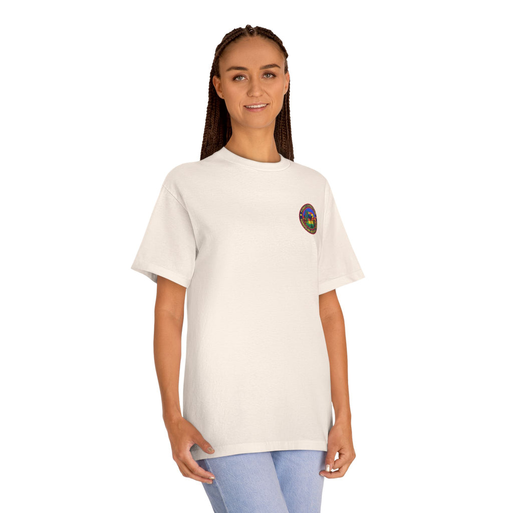 White T-shirt with small round chest logo patch