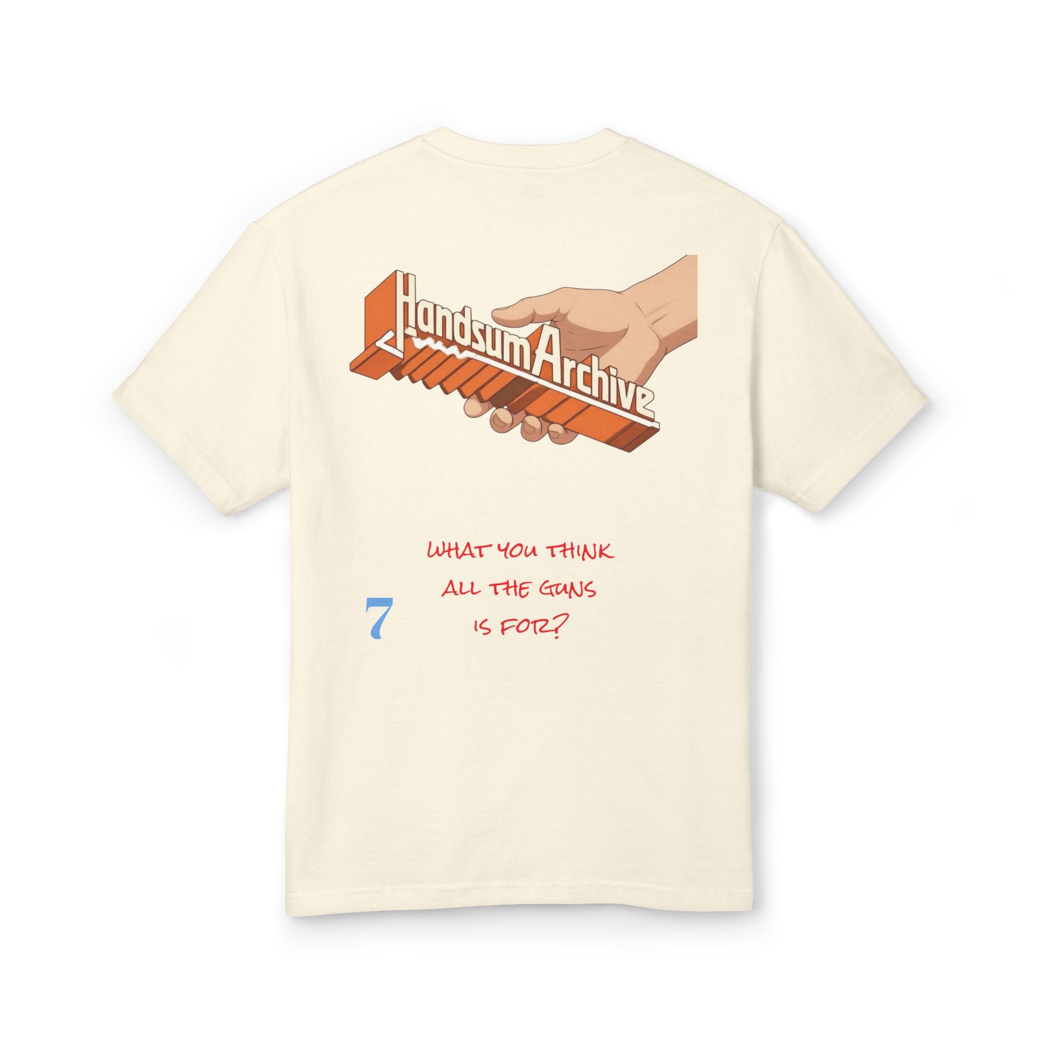 Warning Tee faded cream T-shirt with back handsum archive hand-and-guns graphic