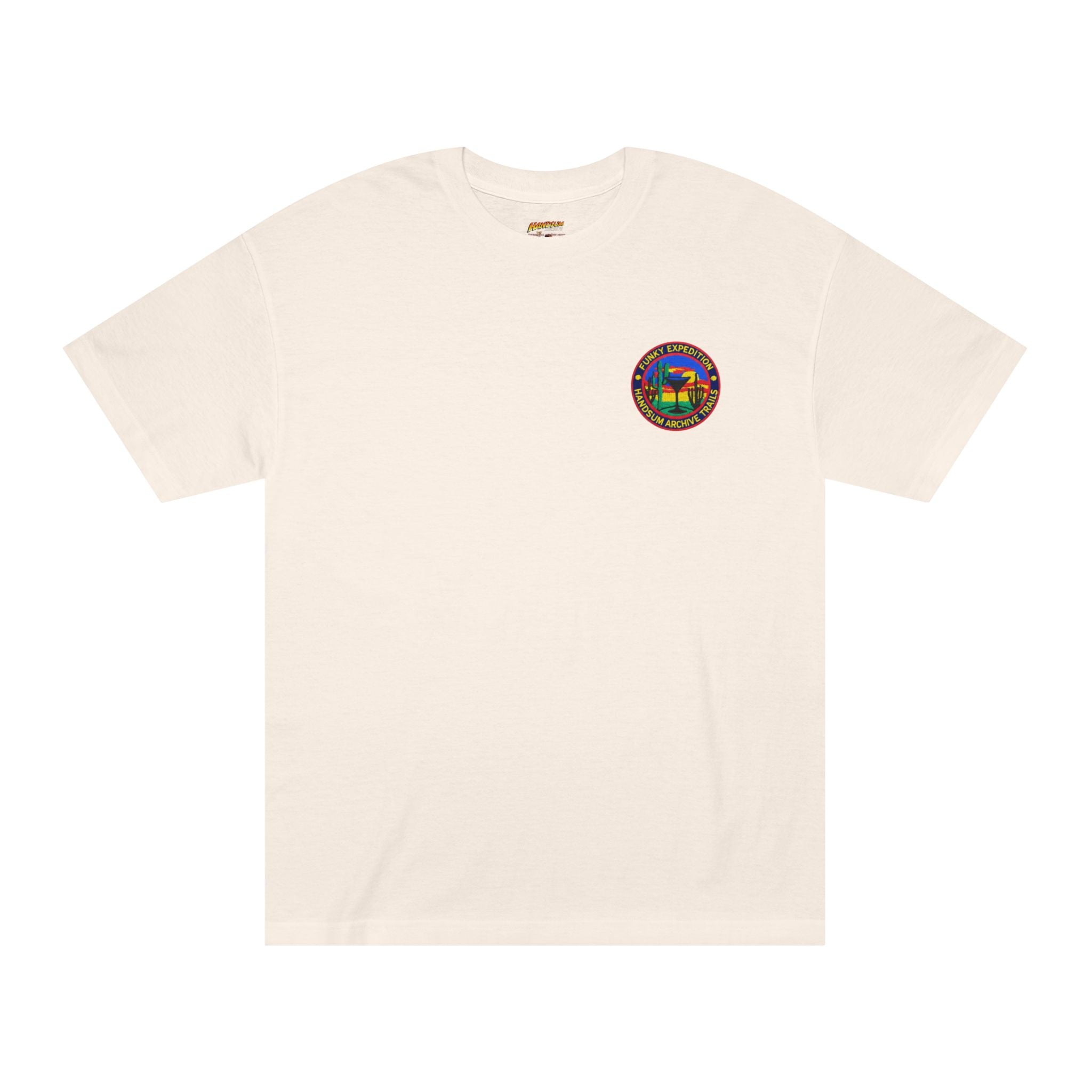 Cream crewneck tee with small round chest logo patch