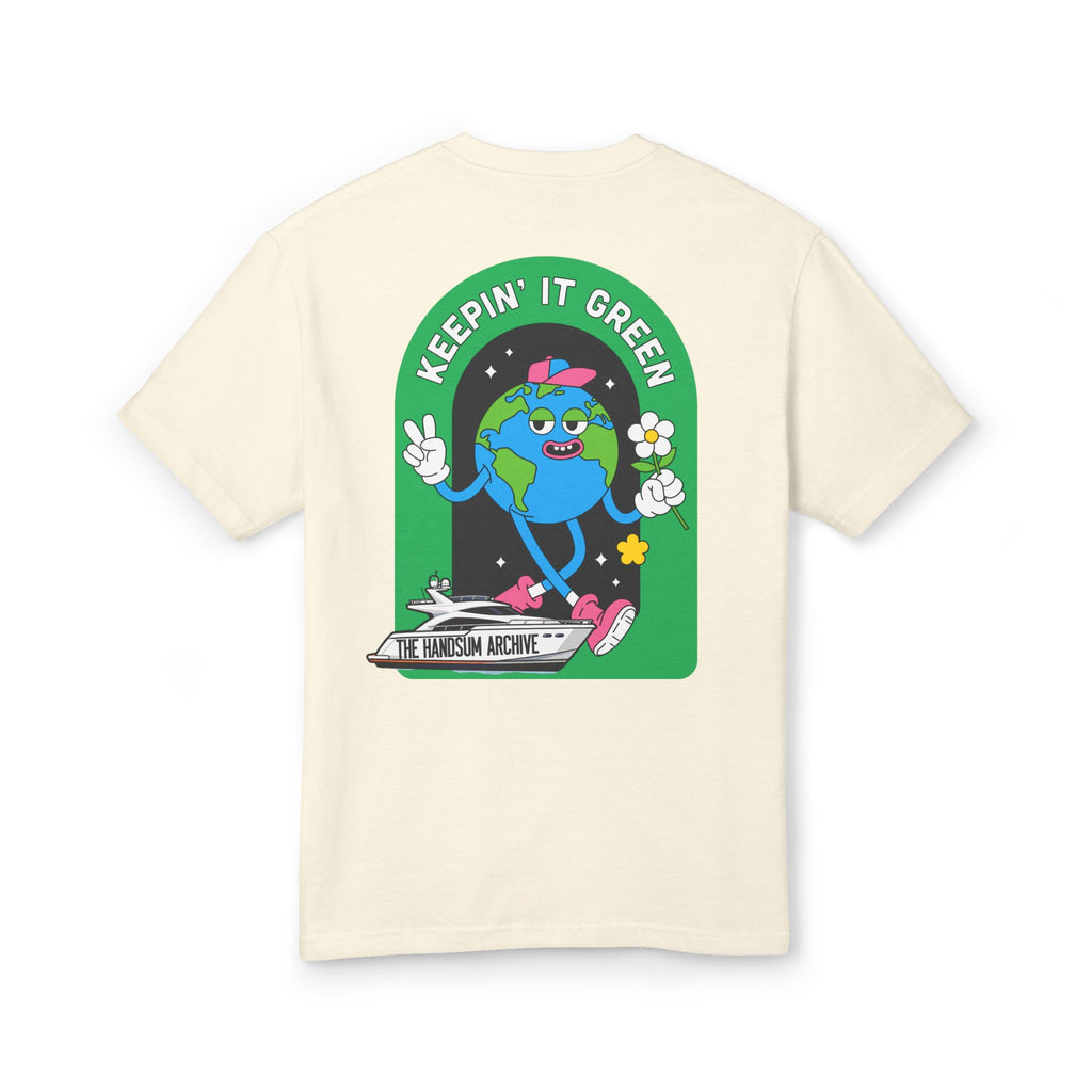 Cream crew-neck tee with back green 'Keepin' it Green' character graphic