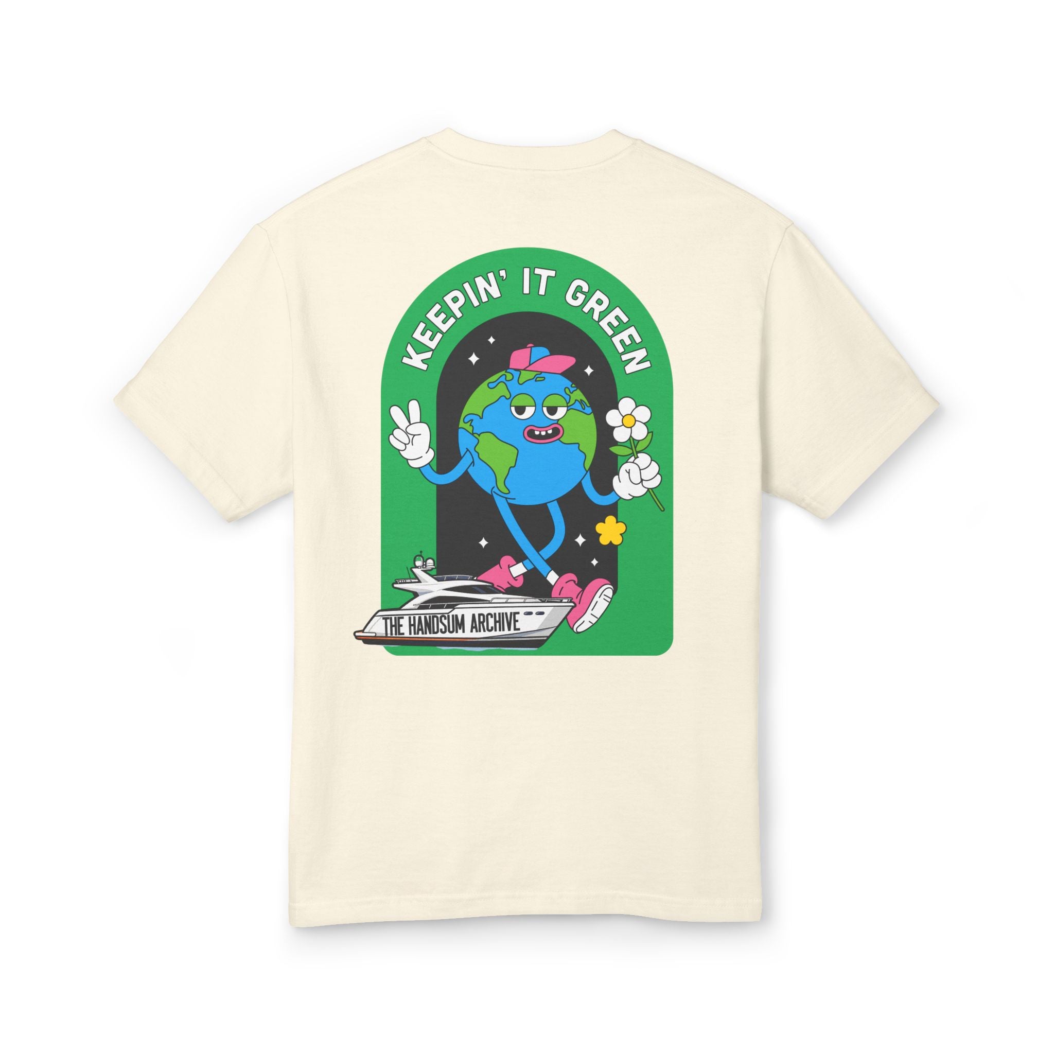 Cream crew-neck tee with back green 'Keepin' it Green' character graphic