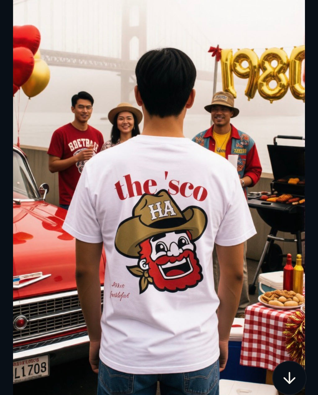 White T-shirt back view with "the'sco" text and cartoon mascot graphic