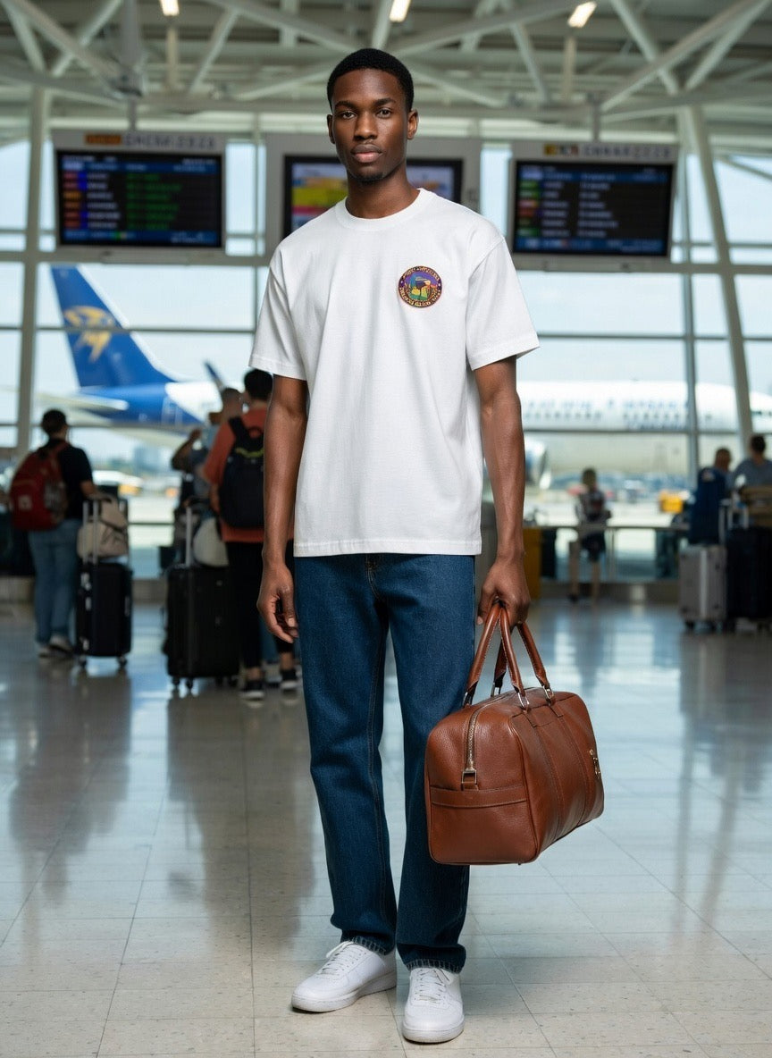 White crewneck tee with small round chest logo patch