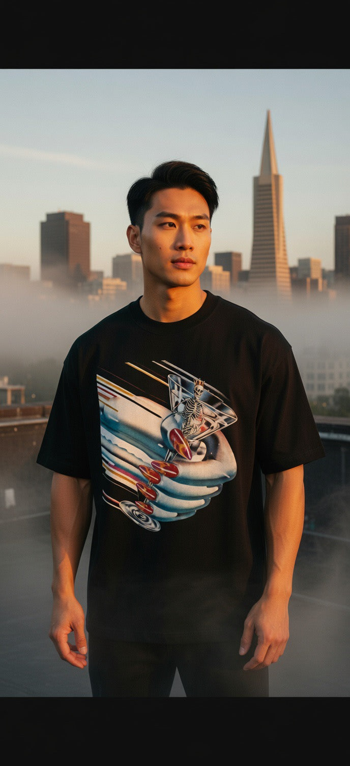 Black Turbo Tee with colorful astronaut and rocket graphic on chest