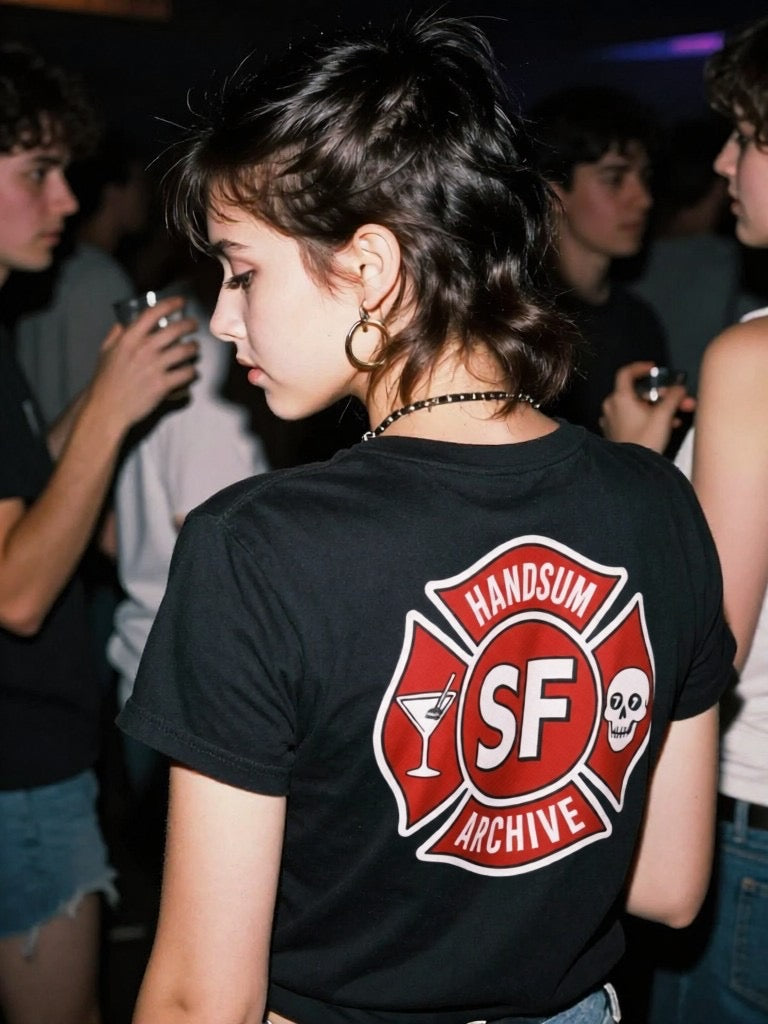 Black T-shirt back showing red SF badge and white “ARCHIVE” text