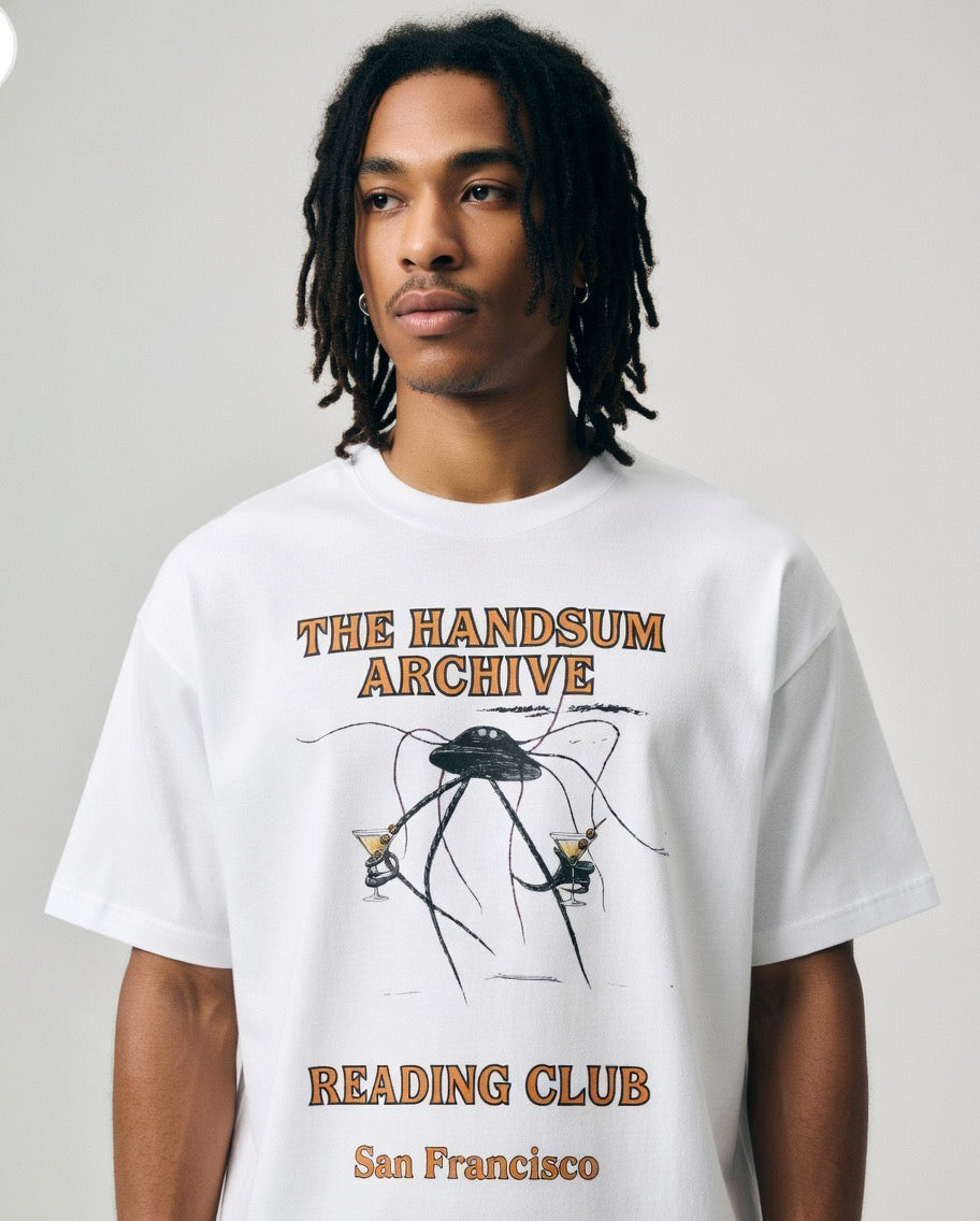 White crewneck T-shirt with front bug graphic and Reading Club San Francisco text