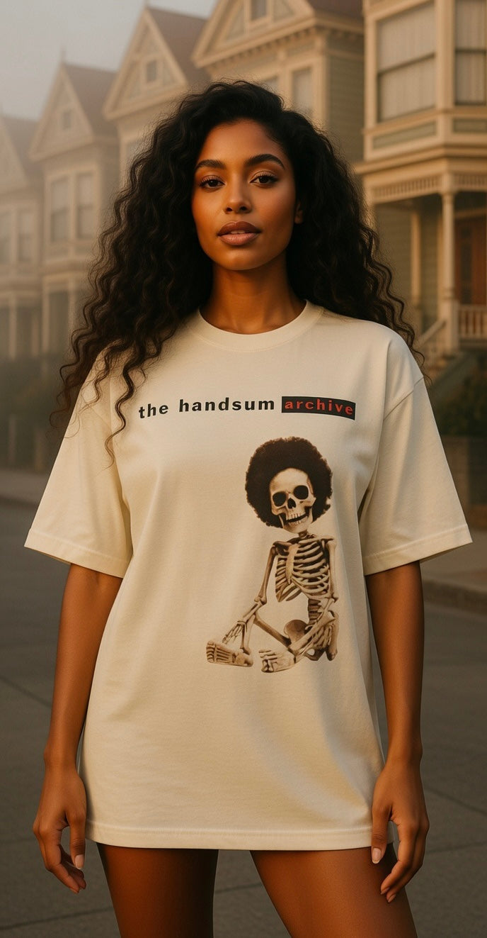 Warning Tee faded cream T-shirt with skeleton graphic and 'the handsum archive' text