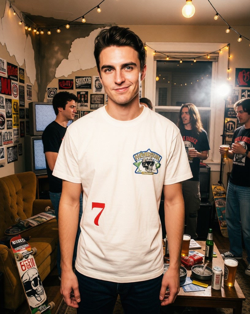 White graphic T-shirt with motorcycle skull patch logo and red number 7 on front