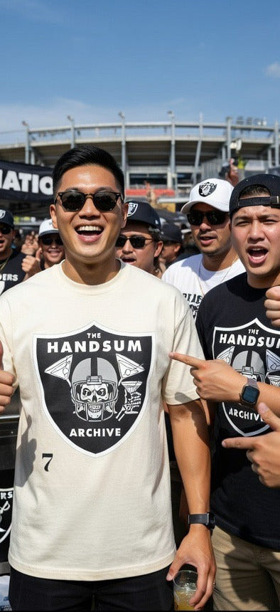 Faded cream crewneck T-shirt featuring “Handsum Archive” shield logo on the chest