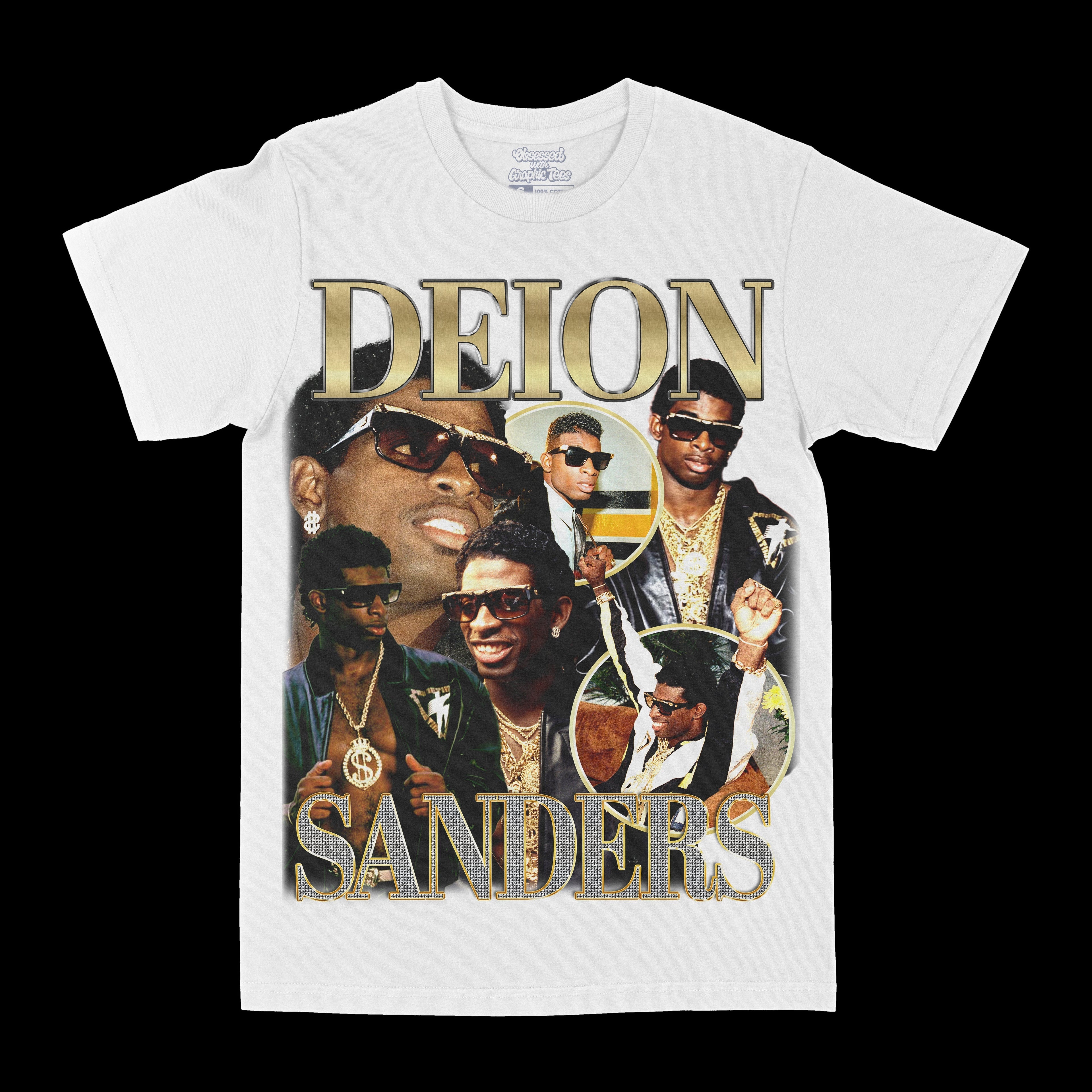 White graphic T-shirt with Deion Sanders text and collage of faces, short sleeves