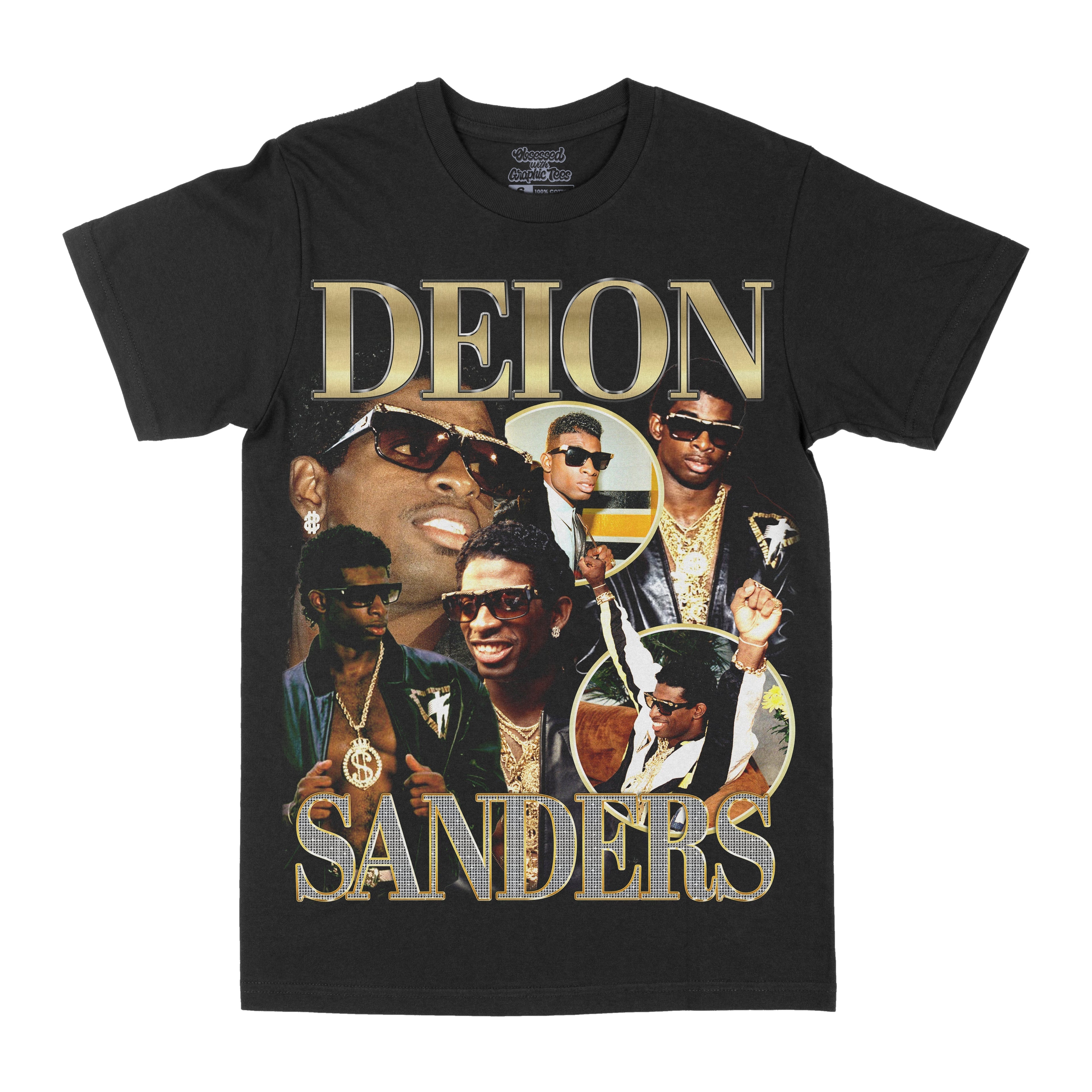 Black graphic T-shirt with Deion Sanders text and collage of faces, short sleeves