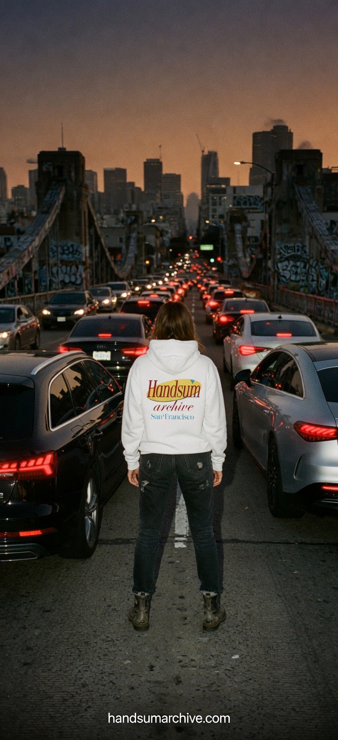 White hoodie with centered back logo text "Handsfilm archive" and "San Francisco".