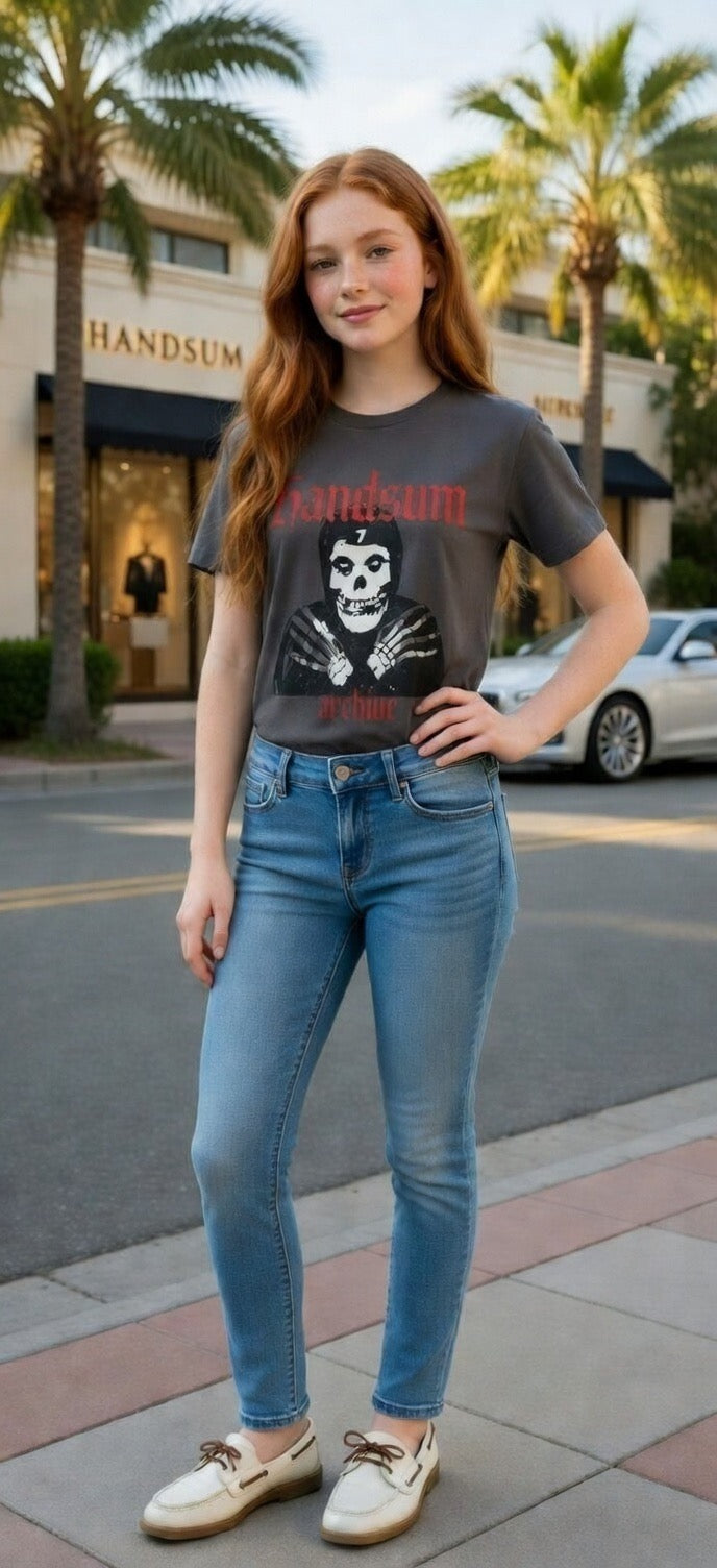 Dark tee with front skull-and-crossbones graphic and red Handsum lettering
