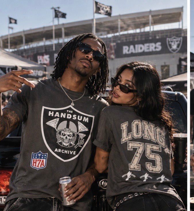 Two people wearing dark gray tees: HANDSUM chest graphic and 'LONG 75' back print