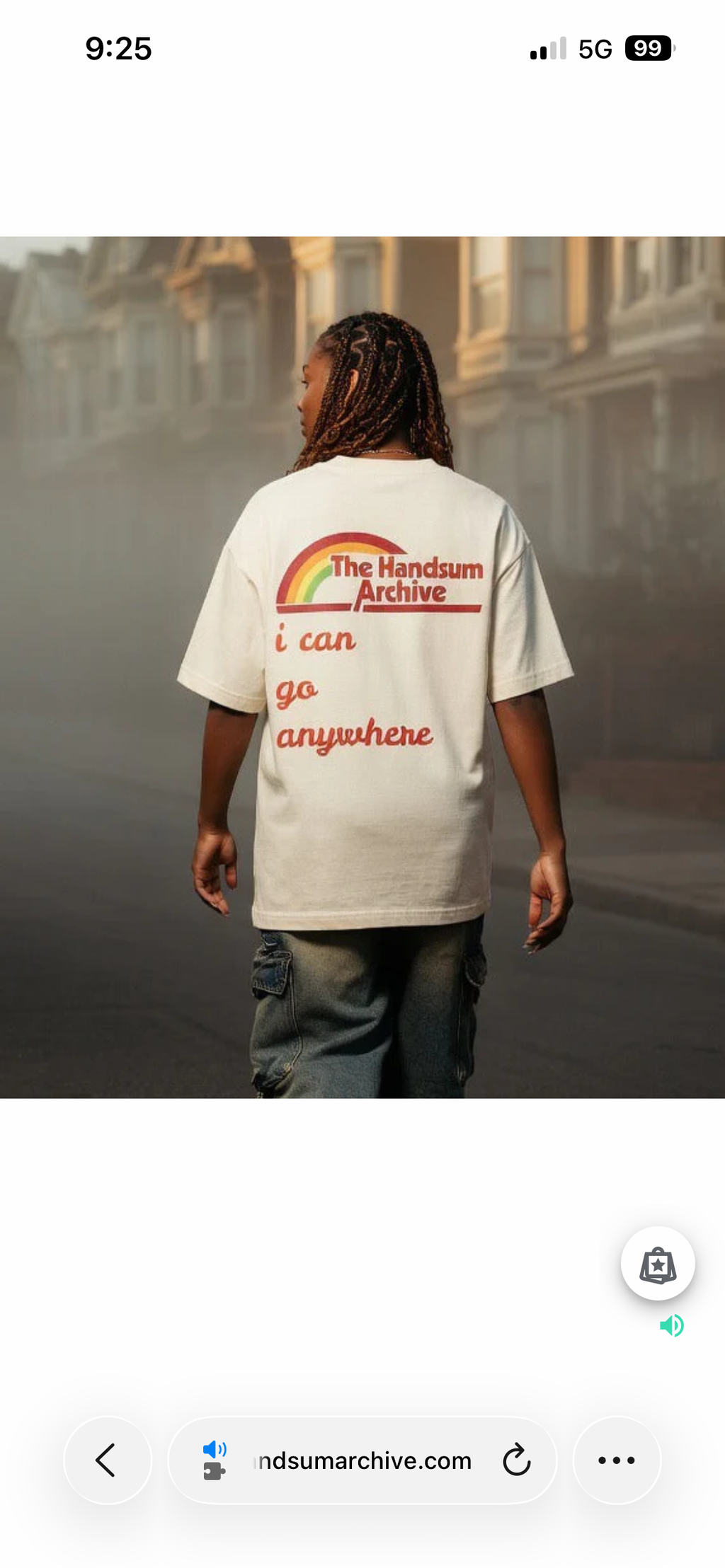 Cream T-shirt, back view, with rainbow Handsum Archive logo and 'i can go anywhere' text