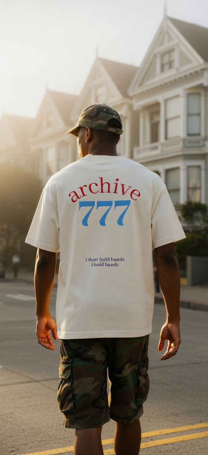 Murder Tee T-shirt, faded cream, back graphic with “archive 777”