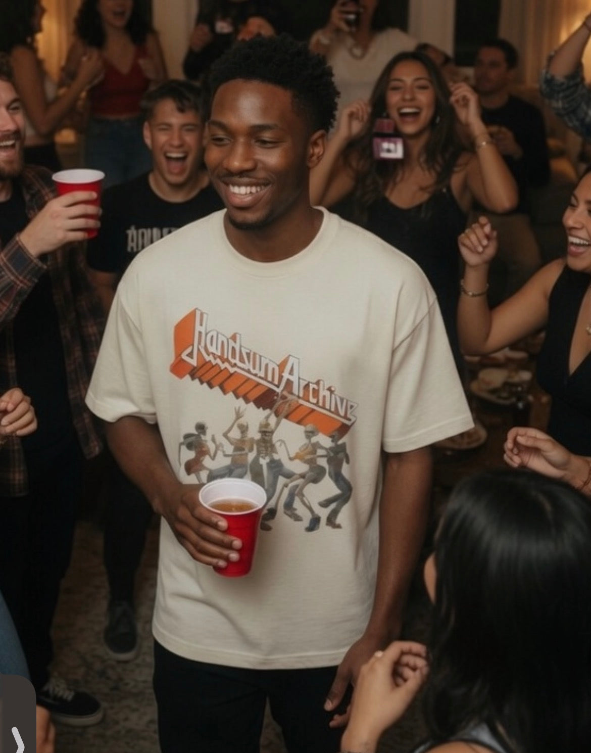 Faded cream graphic party tee with front illustration print