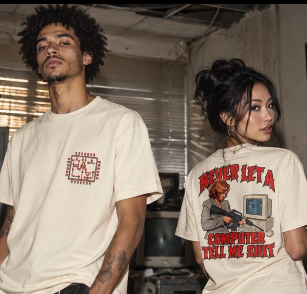 Cream graphic tee with retro square logo and large back computer graphic, worn