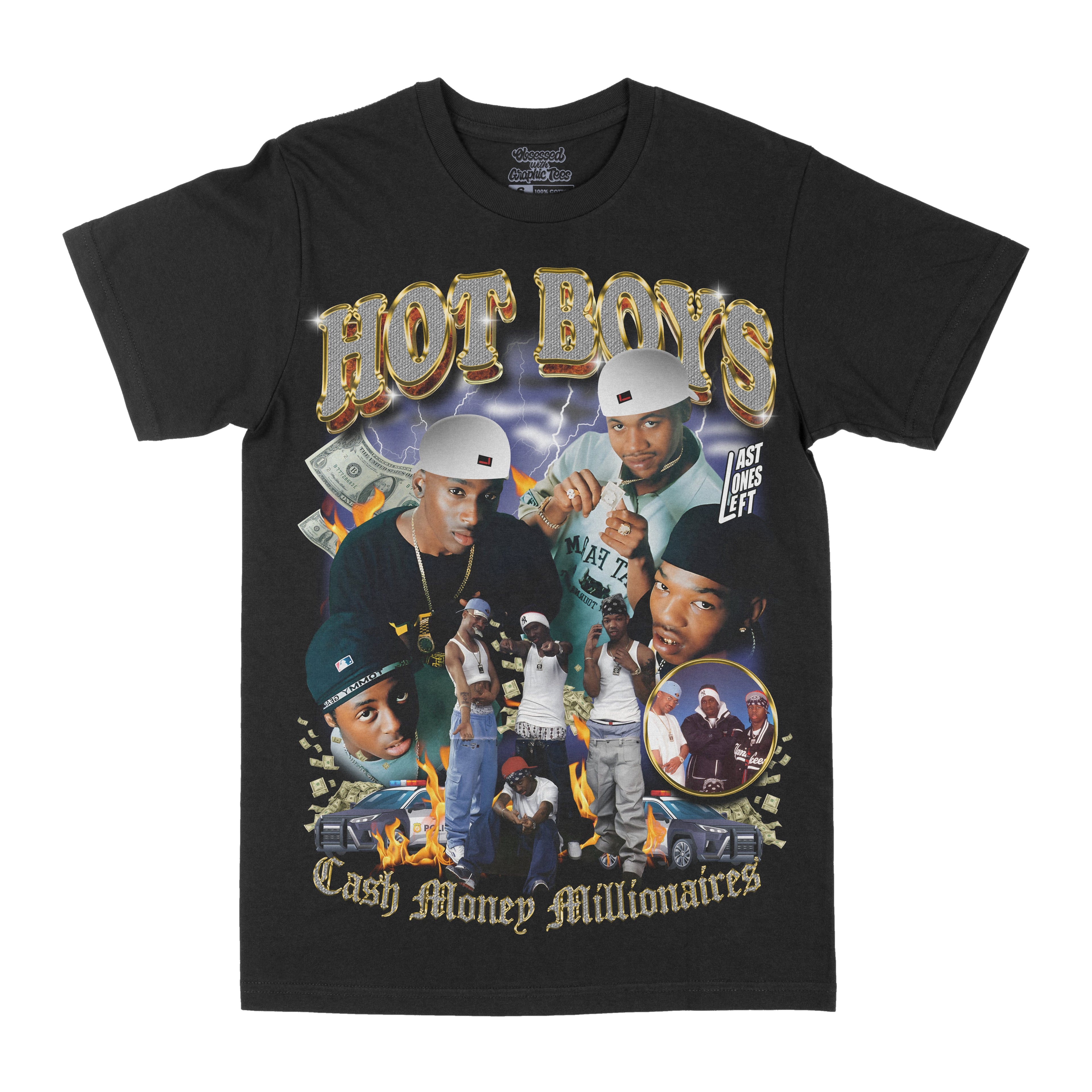 Black graphic crewneck T-shirt with colorful front rapper collage print