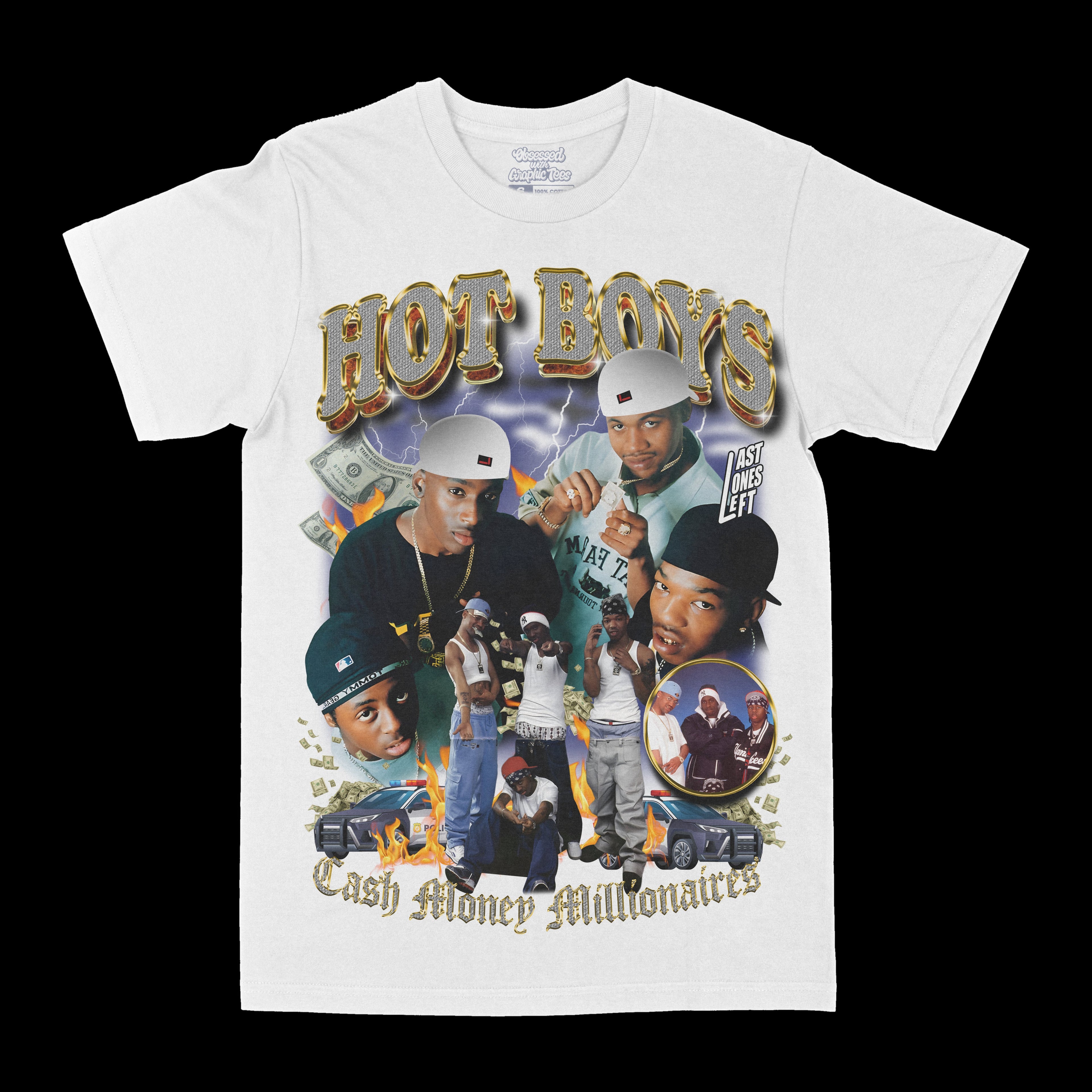 White graphic crewneck T-shirt with colorful front rapper collage print