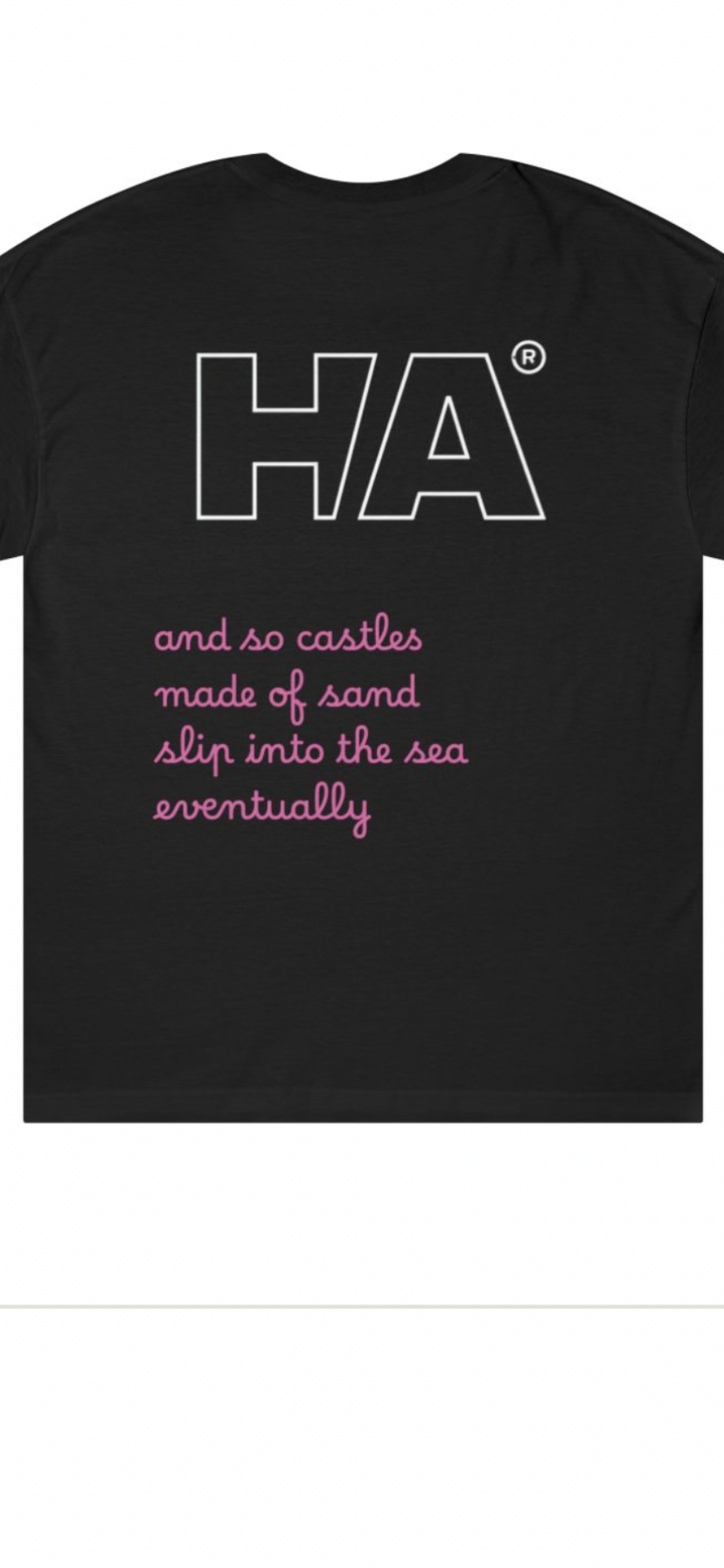 Black T-shirt back with large HA logo and pink script text, short sleeves
