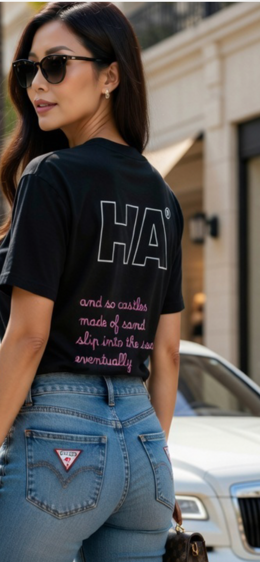 Black T-shirt back with large HA logo print and pink script text, short sleeves