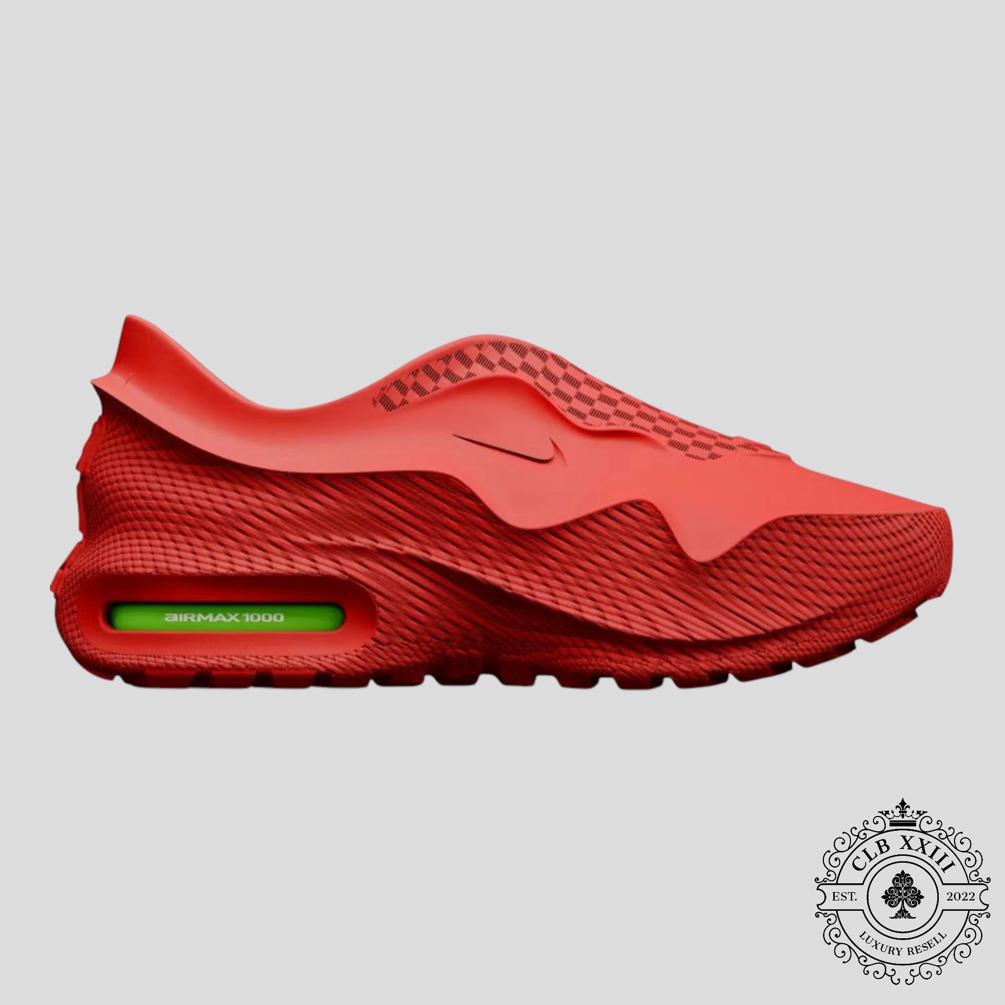 Nike Air Max 1000 red sneaker with neon green air unit and textured mesh upper