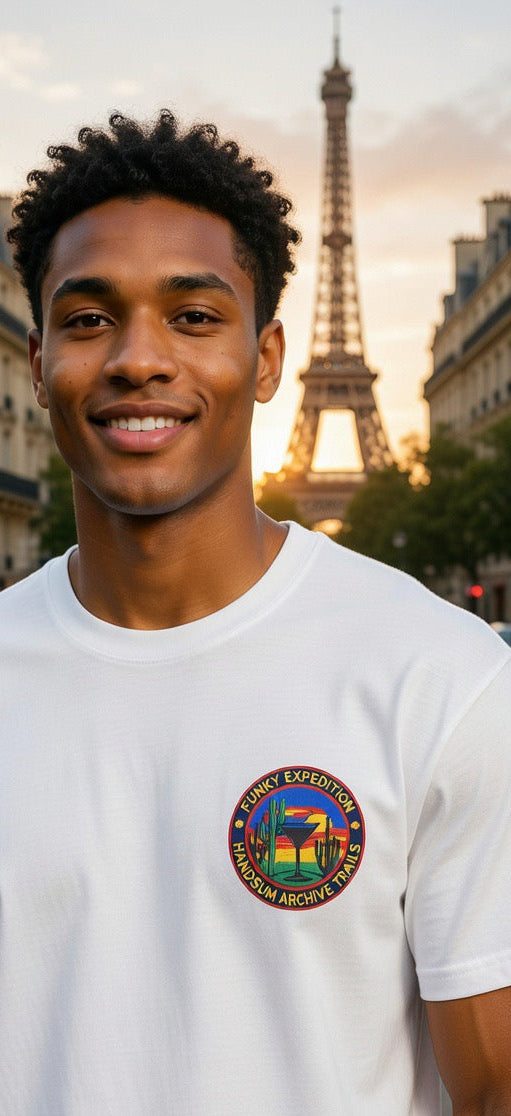 White crewneck tee with small round chest logo patch
