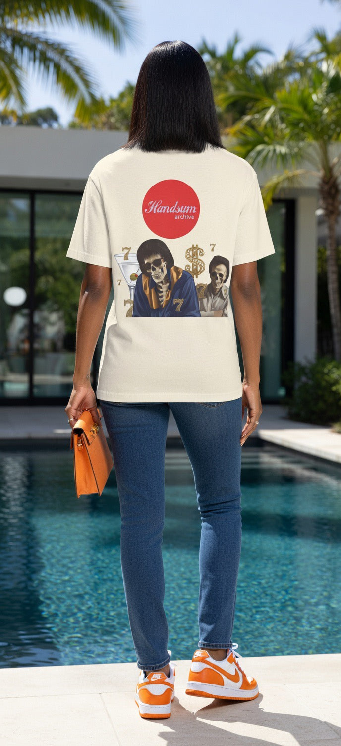 Faded cream T-shirt, back view, with red circle logo and multicolor portrait graphic