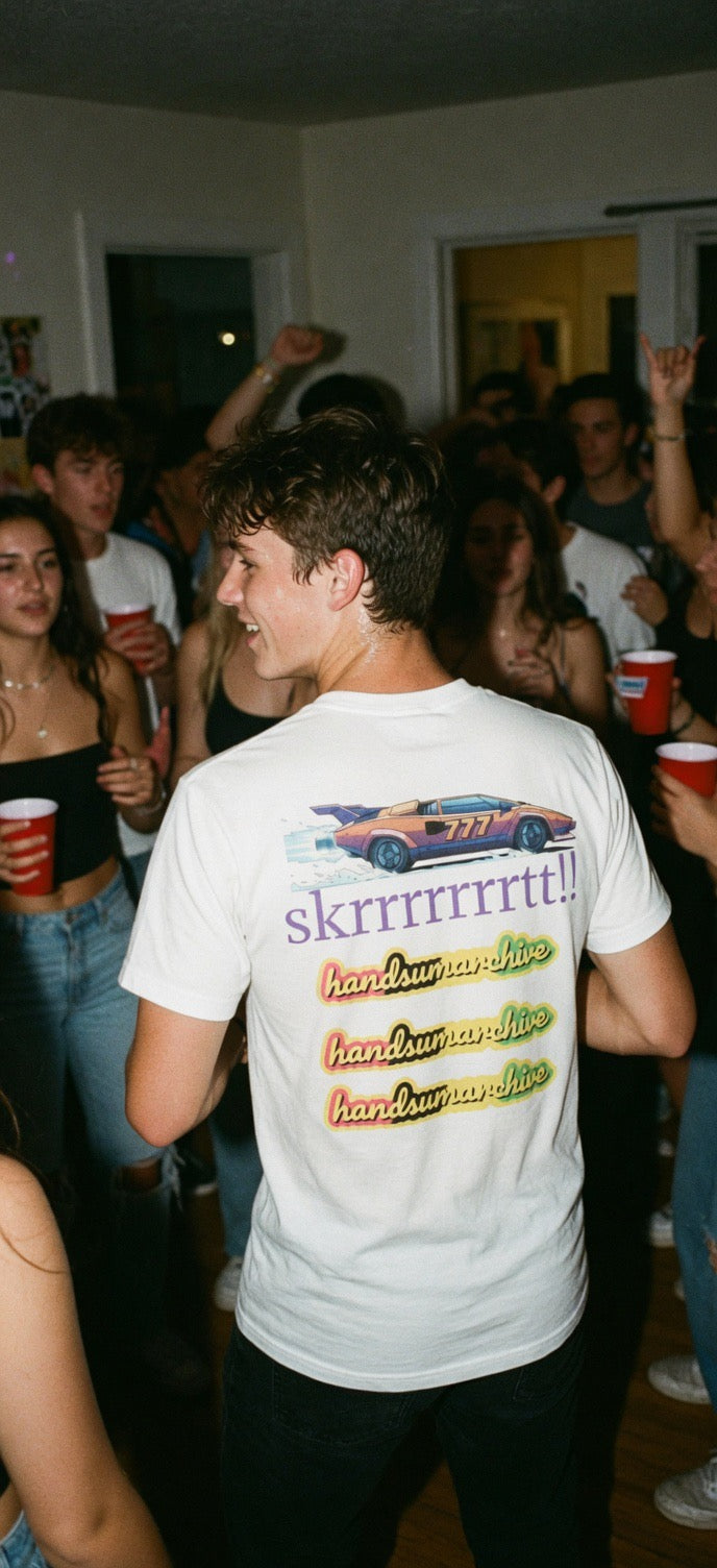 White crewneck T-shirt with car and text graphic on back