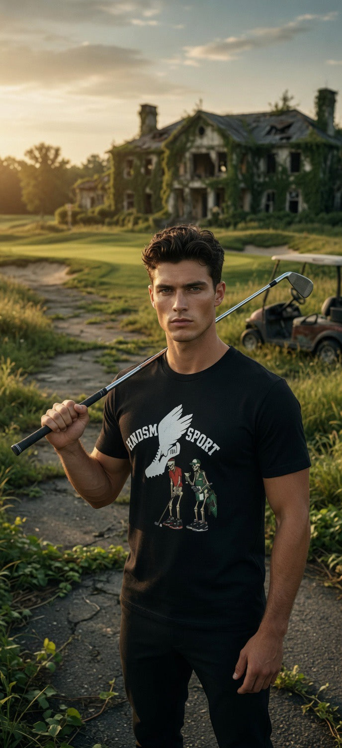 Black T-shirt with large front eagle graphic and sport-themed characters.