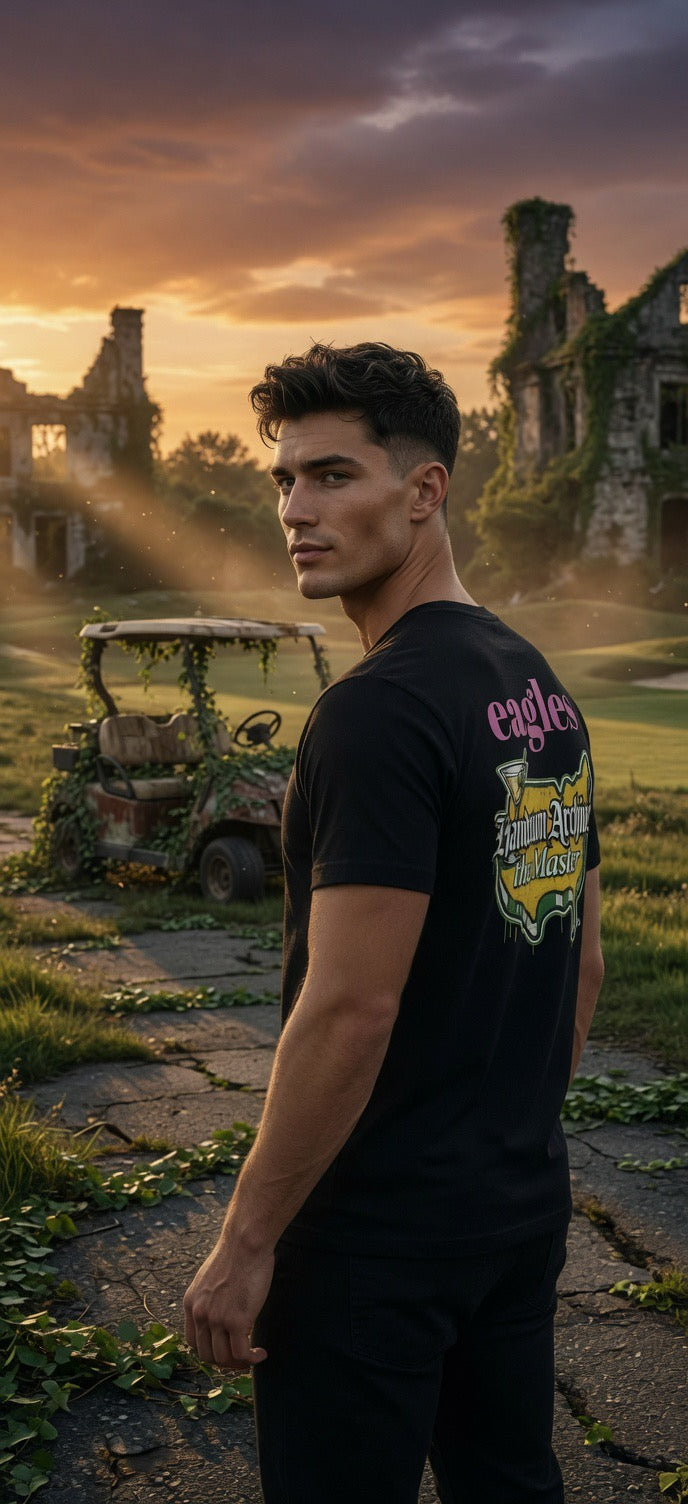 Black T-shirt with side chest eagle “eagles” emblem graphic.