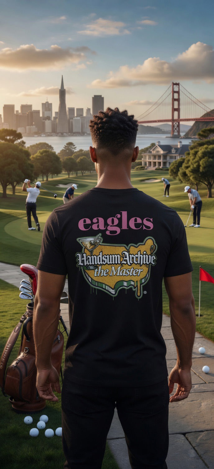 Black T-shirt with back “eagles” lettering and “Handsum Archive the Master” graphic.