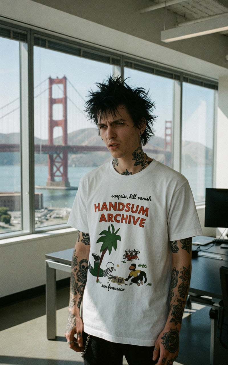 White moisture-wicking tee with front 'HANDSUN ARCHIVE' graphic and crew neck.