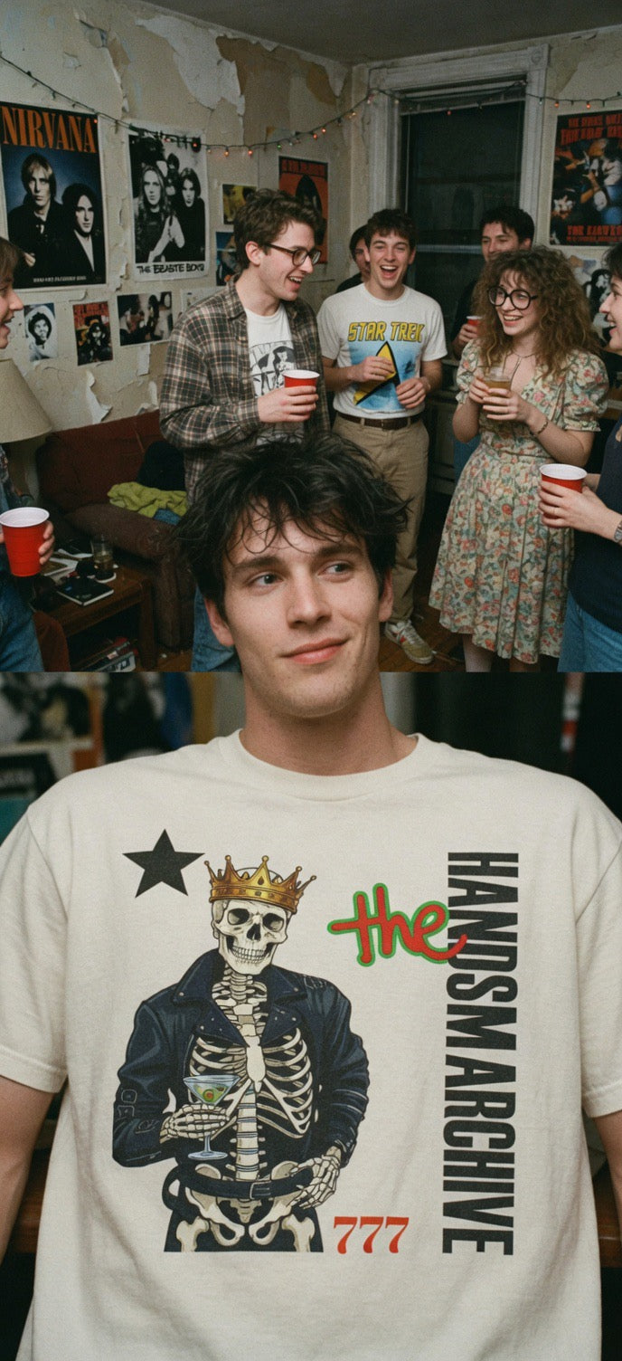 Cream graphic T-shirt with skeleton king crown and The Handsmarchive logo