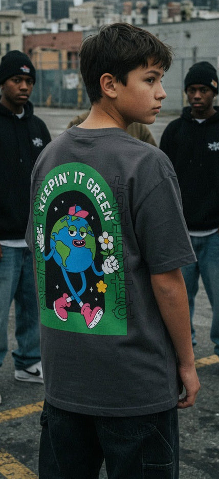 Daily tee, dark gray, back graphic of blue globe and “Keepin’ It Green” text.