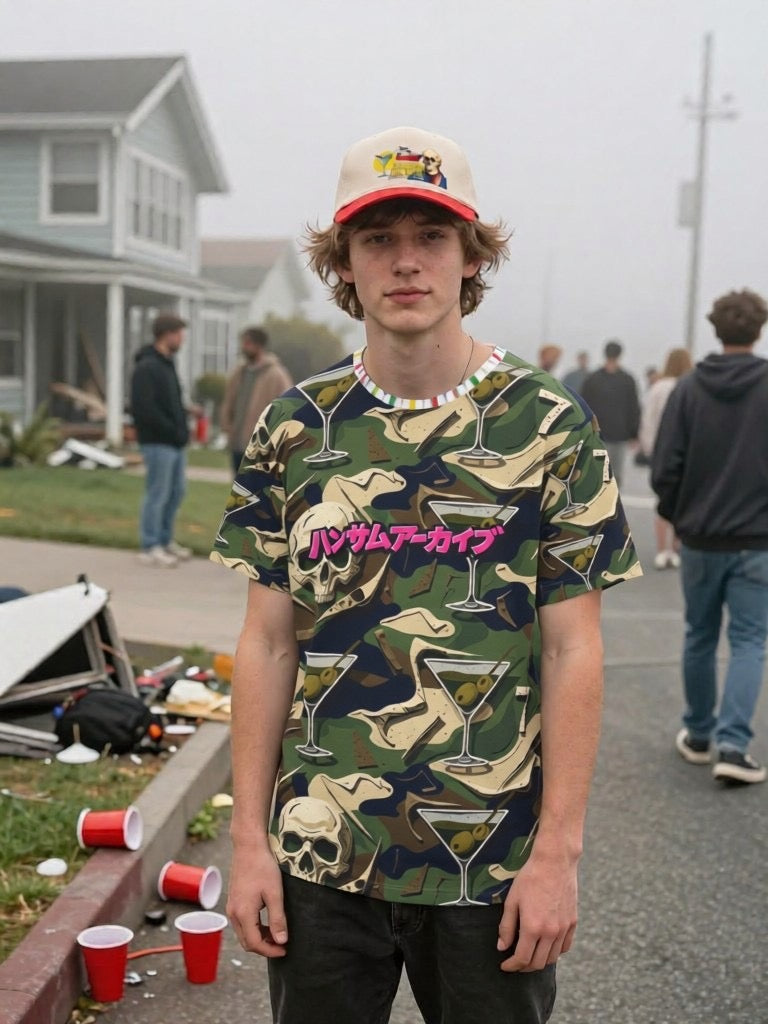 Camo sports jersey tee with martini and skull front graphic, crew neck, short sleeves
