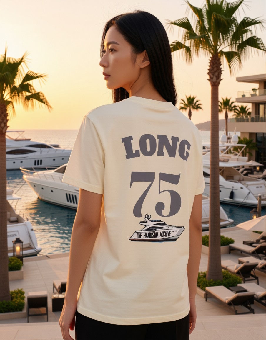 Cream T-shirt on model with "LONG 75" back print graphic