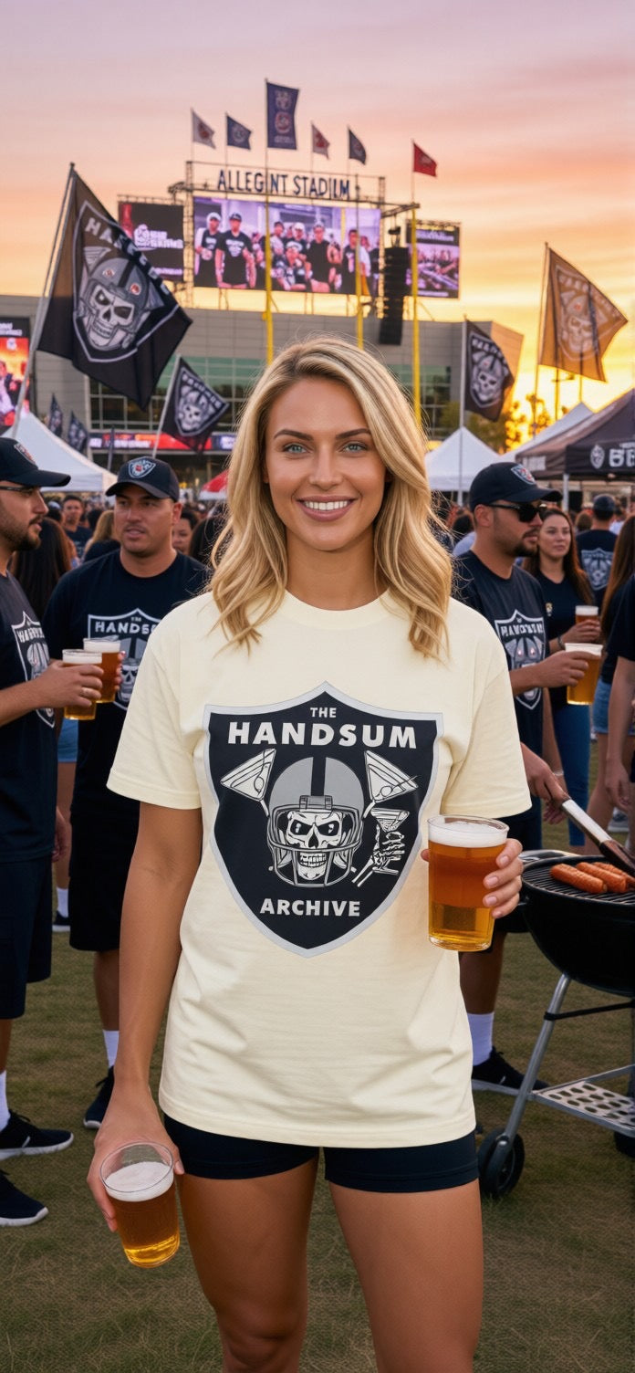 Cream T-shirt on model with "THE HANDSUM ARCHIVE" front graphic
