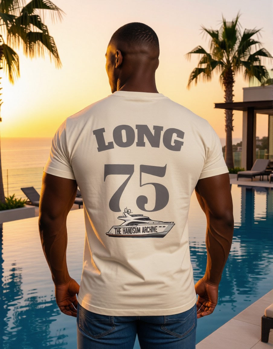 Cream T-shirt with large back print reading 'LONG 75' and 'Handsum Archive' logo
