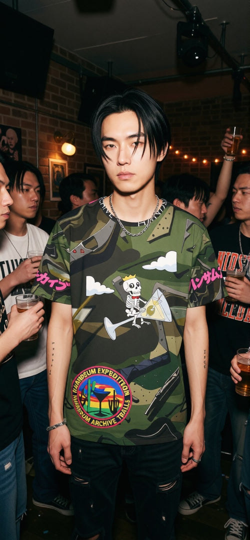 Green camouflage sports jersey T-shirt with skull and martini front graphic