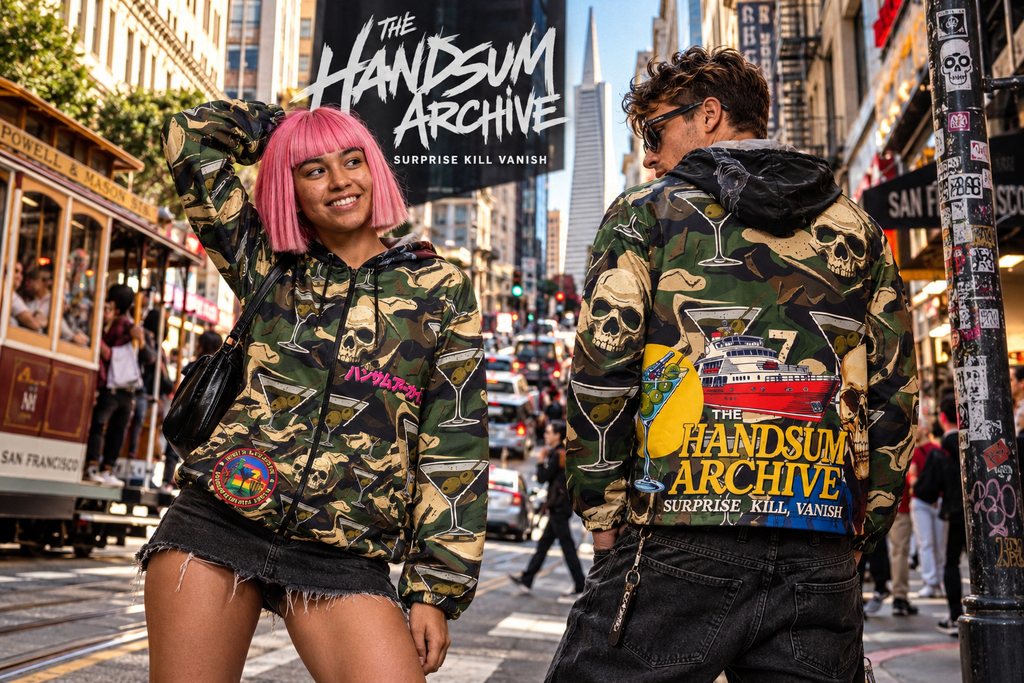 HANDSUM camo windbreaker with hood and skull graphic, front zip