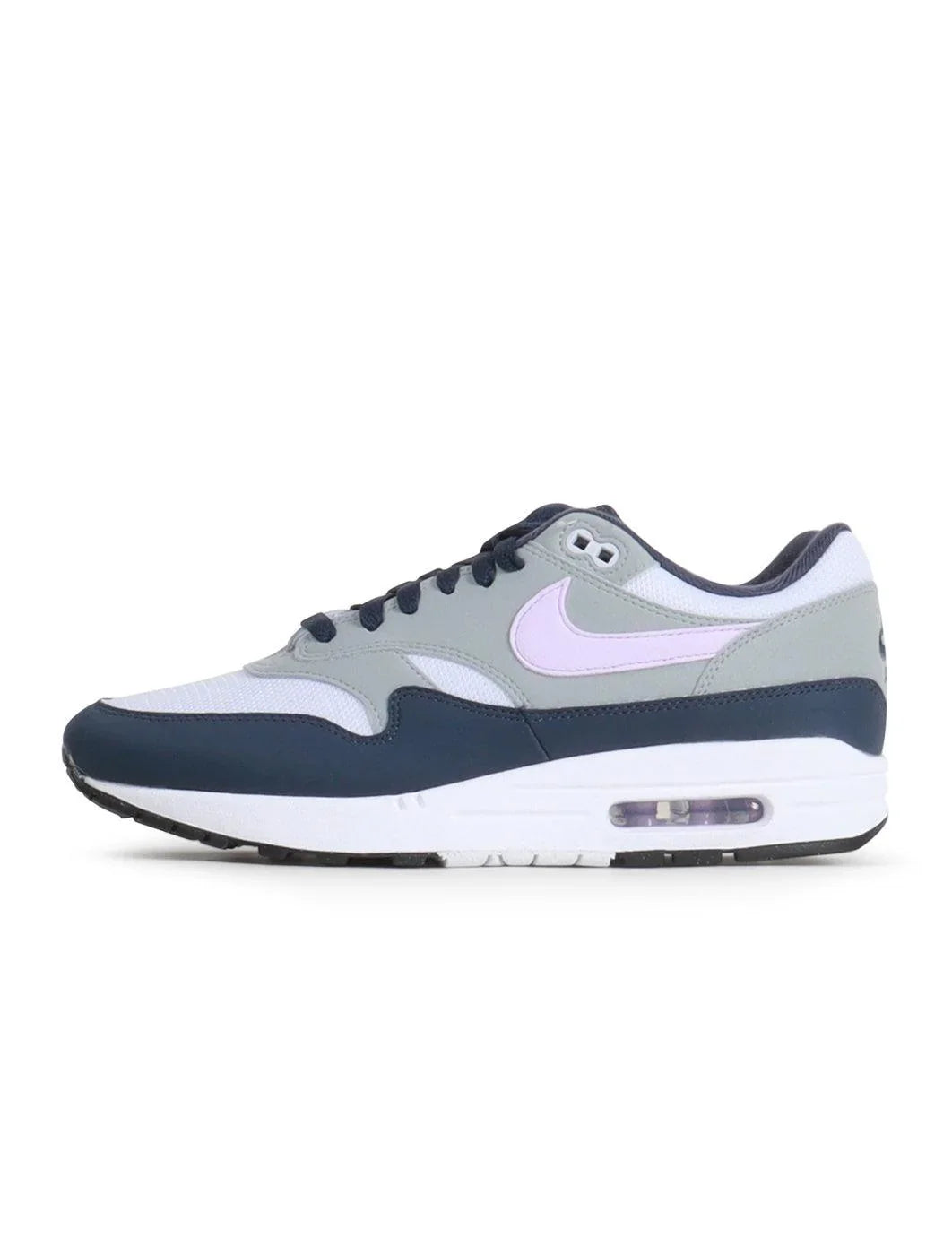 Nike Air Max 1 low-top sneakers, white and light gray with lilac swoosh and navy accents